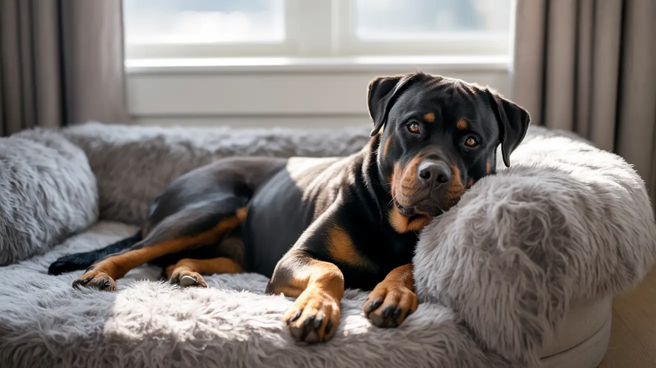 A regal Rottweiler resting comfortably on a soft, fluffy gray dog bed near a window.