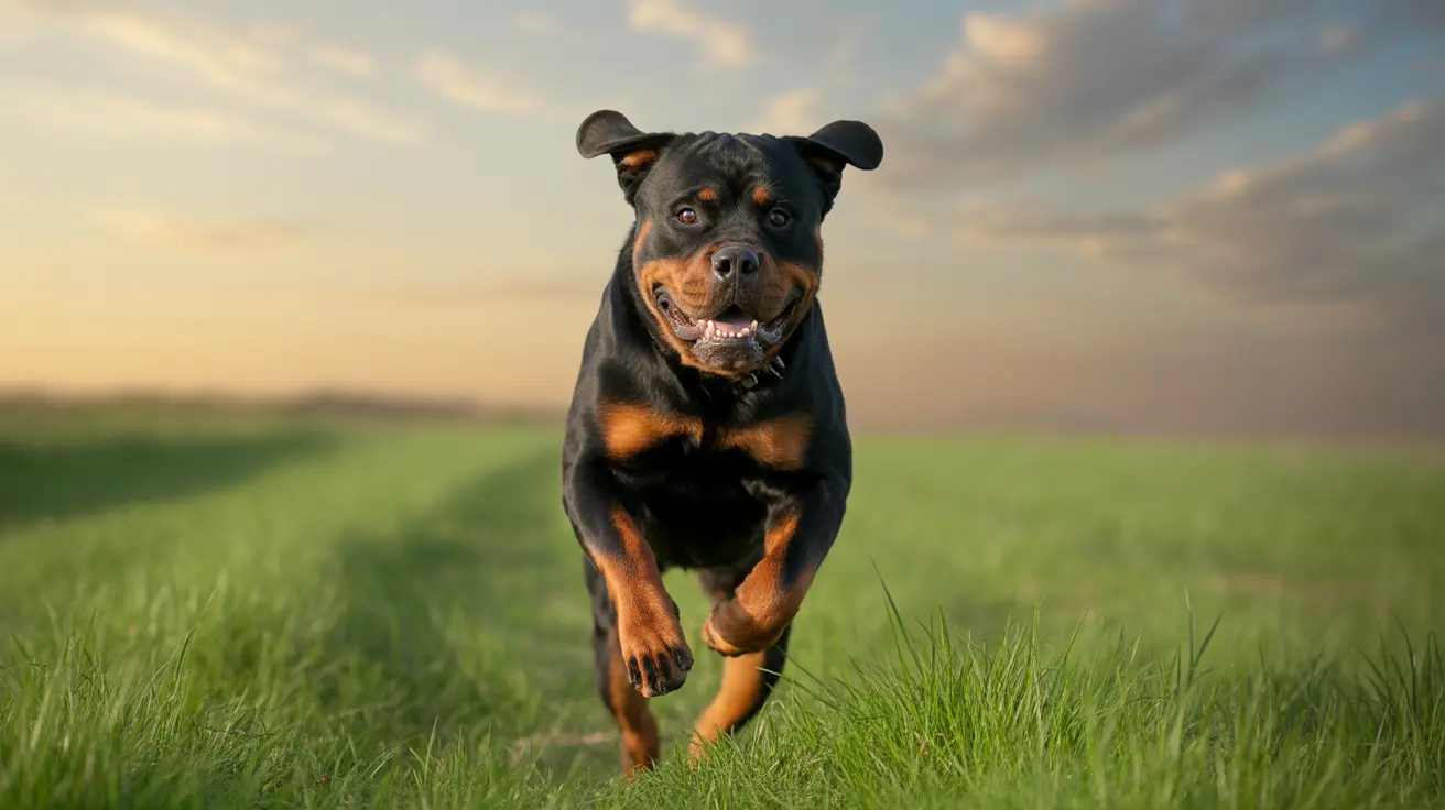 A powerful Rottweiler running through a grassy field at sunset with a happy, energetic expression