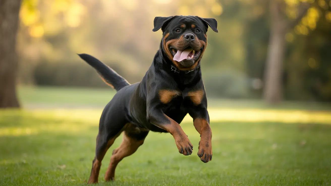 A Rottweiler running energetically on green lawn with tongue out and front paws raised