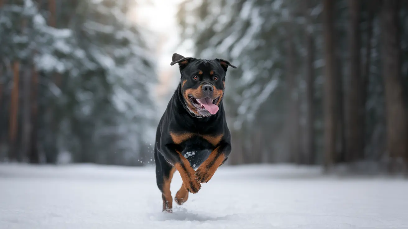 A powerful Rottweiler running energetically through a snowy forest landscape