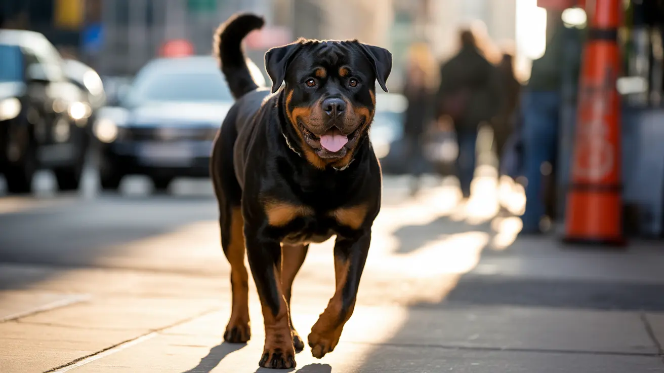 Rottweiler running focused with tongue out on a busy city street
