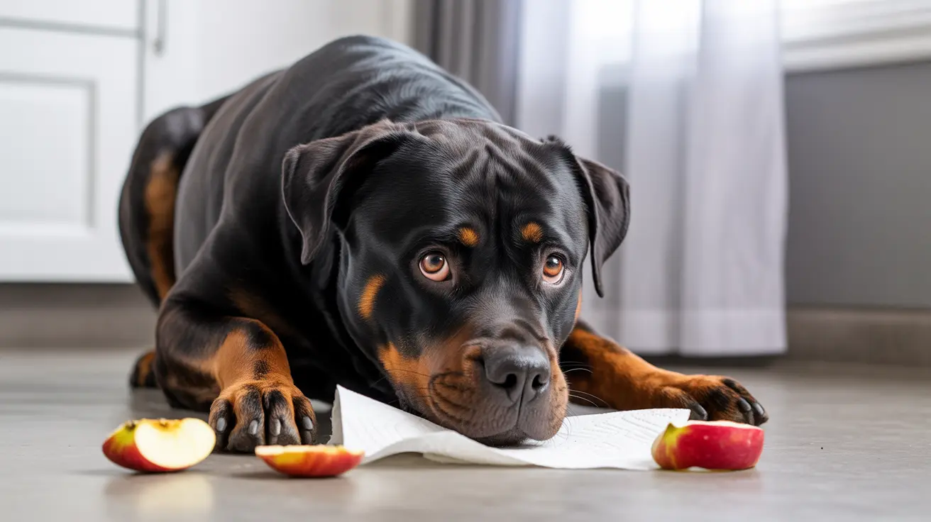 A Rottweiler lying on a light-colored floor near a window with sliced apples scattered around