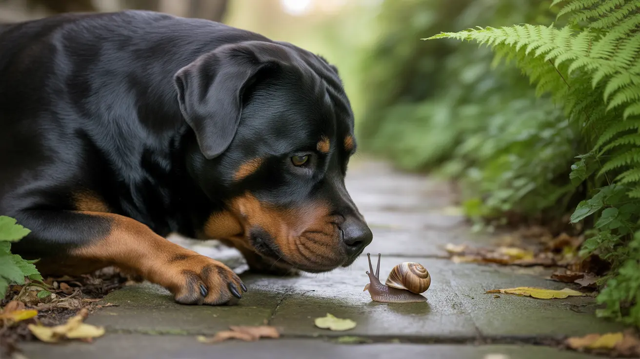 A black and tan Rottweiler watching a snail on a stone path with ferns and leaves