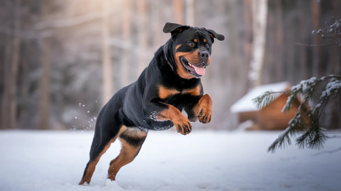 A powerful Rottweiler leaping through snow with dynamic energy and enthusiasm