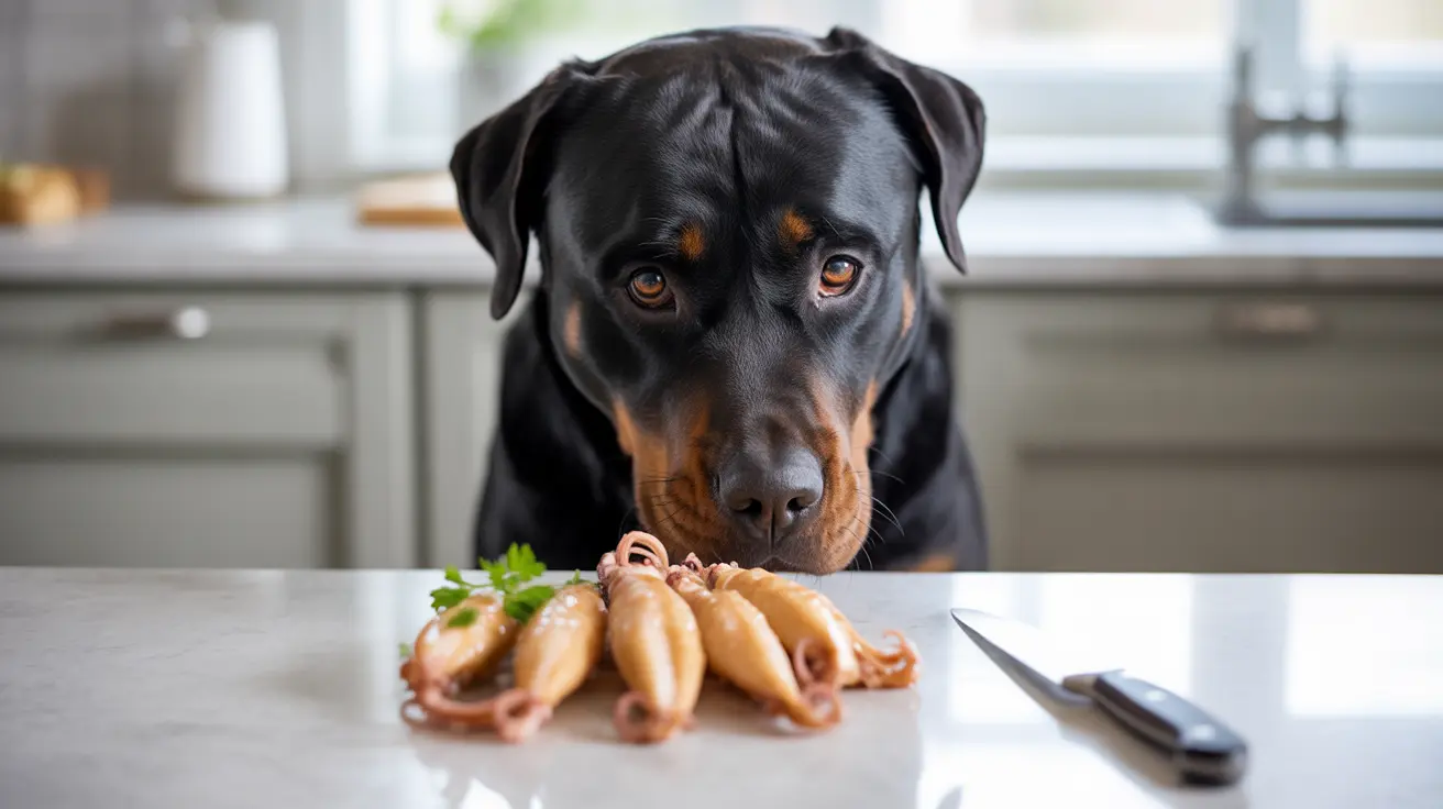 A Rottweiler intently staring at a plate of uncooked sausages on a kitchen counter