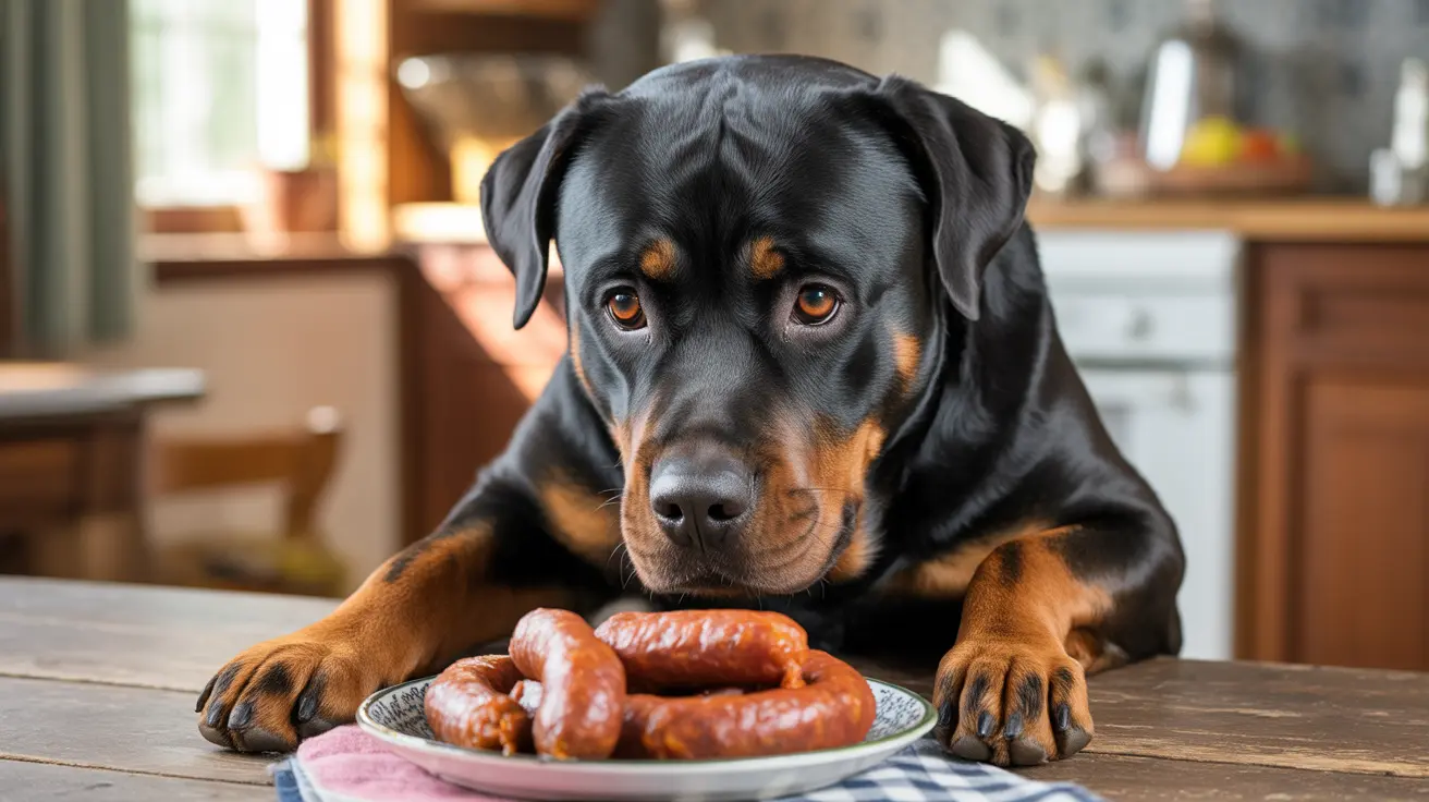 A Rottweiler dog intensely staring at a plate of sausages on a wooden table in a kitchen setting