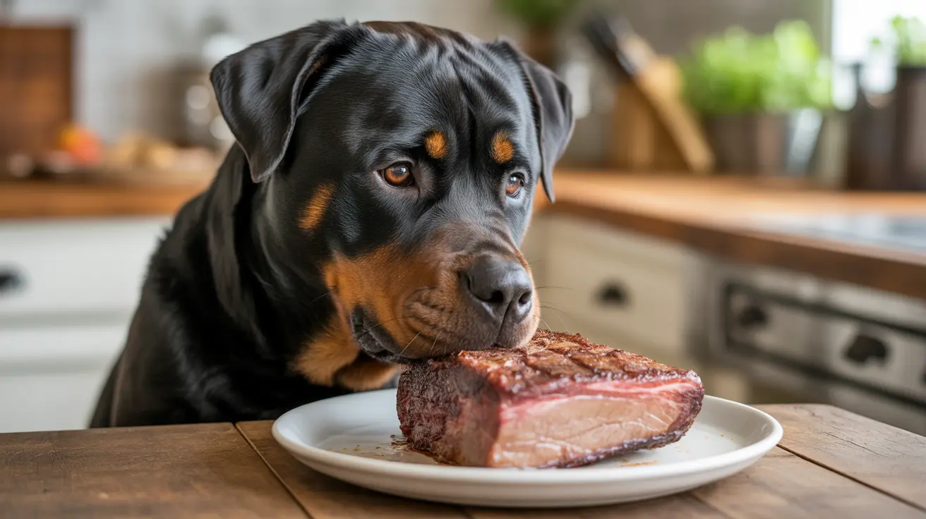 A Rottweiler intently staring at a large cooked steak on a white plate in a kitchen setting.