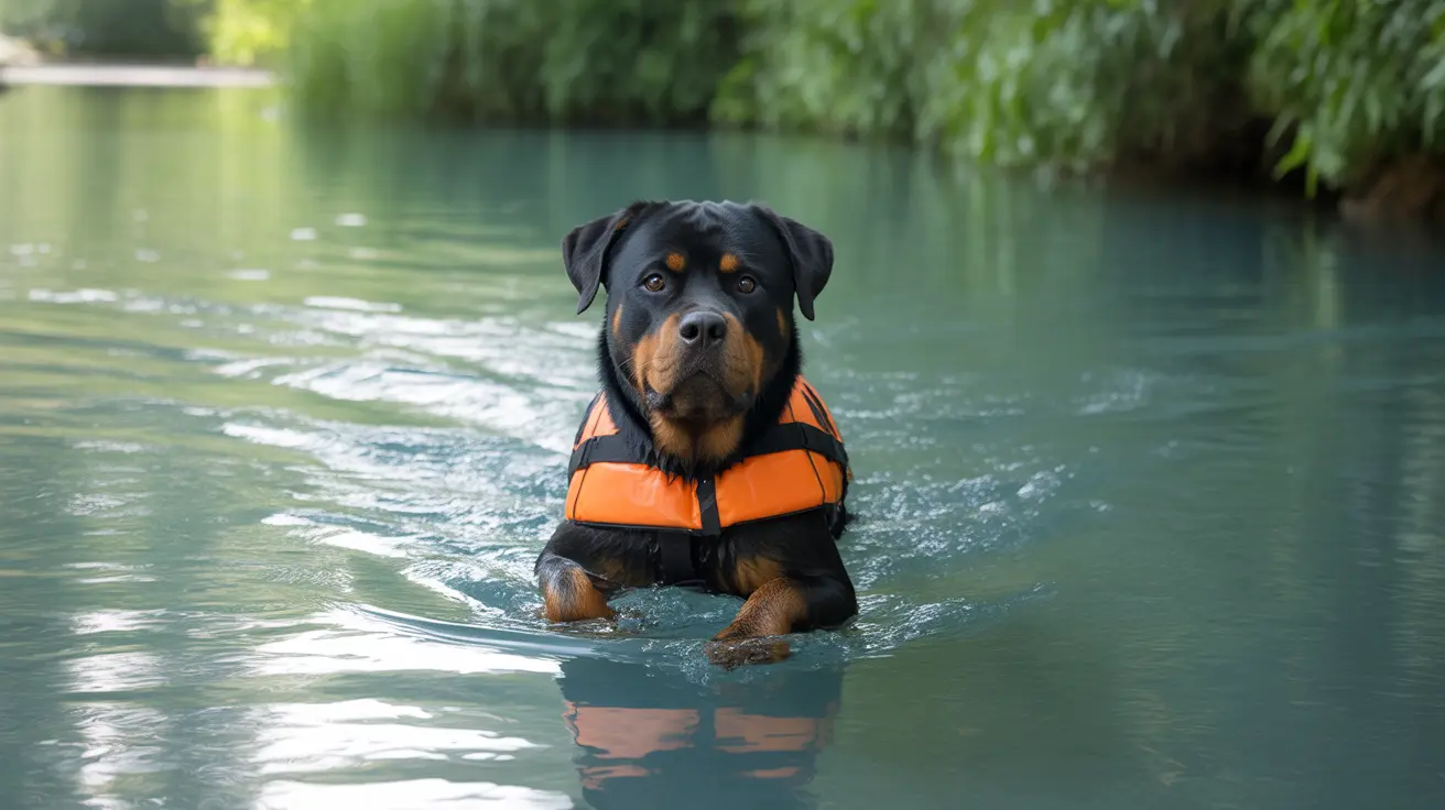 Un Rottweiler lleva un chaleco de seguridad naranja y nada en un agua verde y tranquila, rodeado de vegetación exuberante.