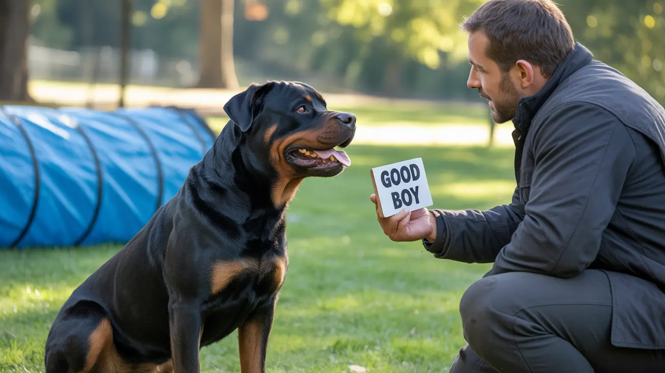 A Rottweiler being praised during a training session with a 'Good Boy' sign in an outdoor setting