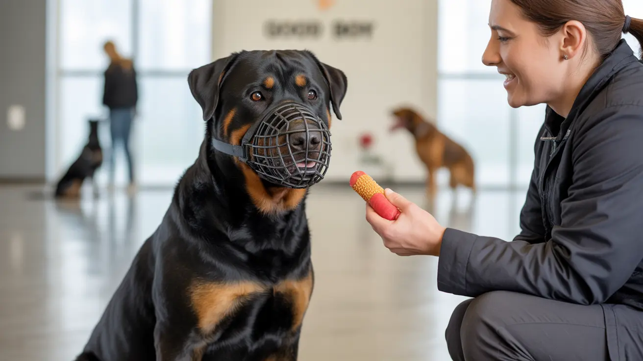 Un Rottweiler con bozal metálico recibe una golosina de un entrenador sonriente en un centro de entrenamiento interior