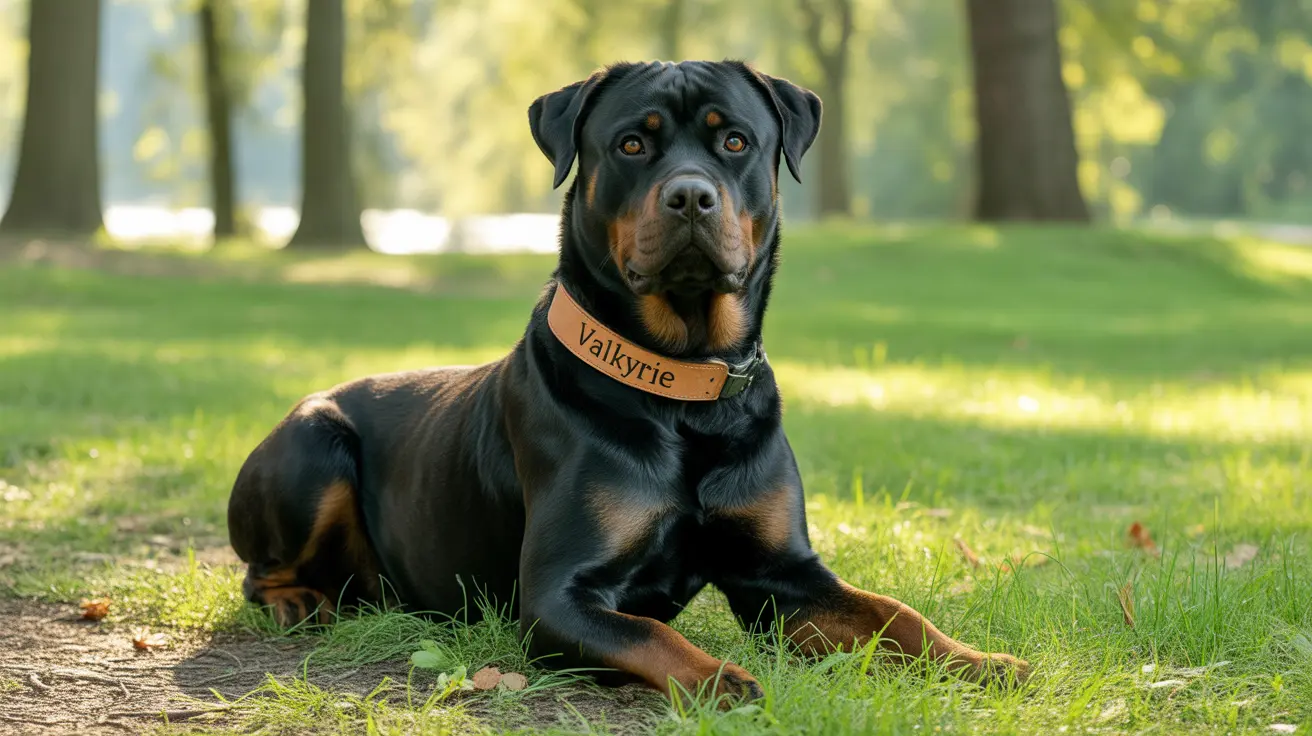A majestic Rottweiler wearing a leather collar with the name 'Valkyrie' sitting attentively in a sunlit park setting