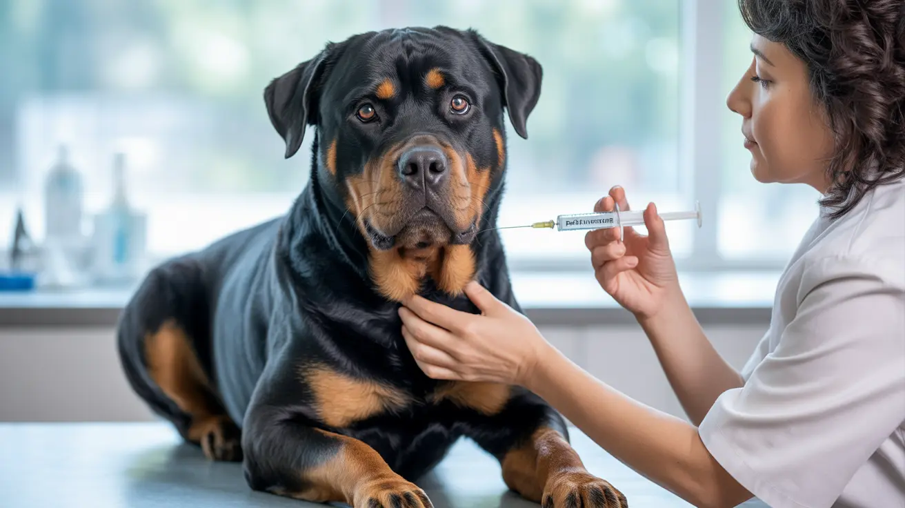 Un Rottweiler recibiendo una inyección médica de un veterinario en una clínica.