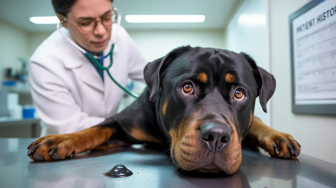 Um Rottweiler sendo examinado por um veterinário usando um estetoscópio durante um check-up médico