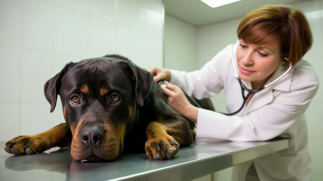 A Rottweiler being examined by a veterinarian in a clinical setting