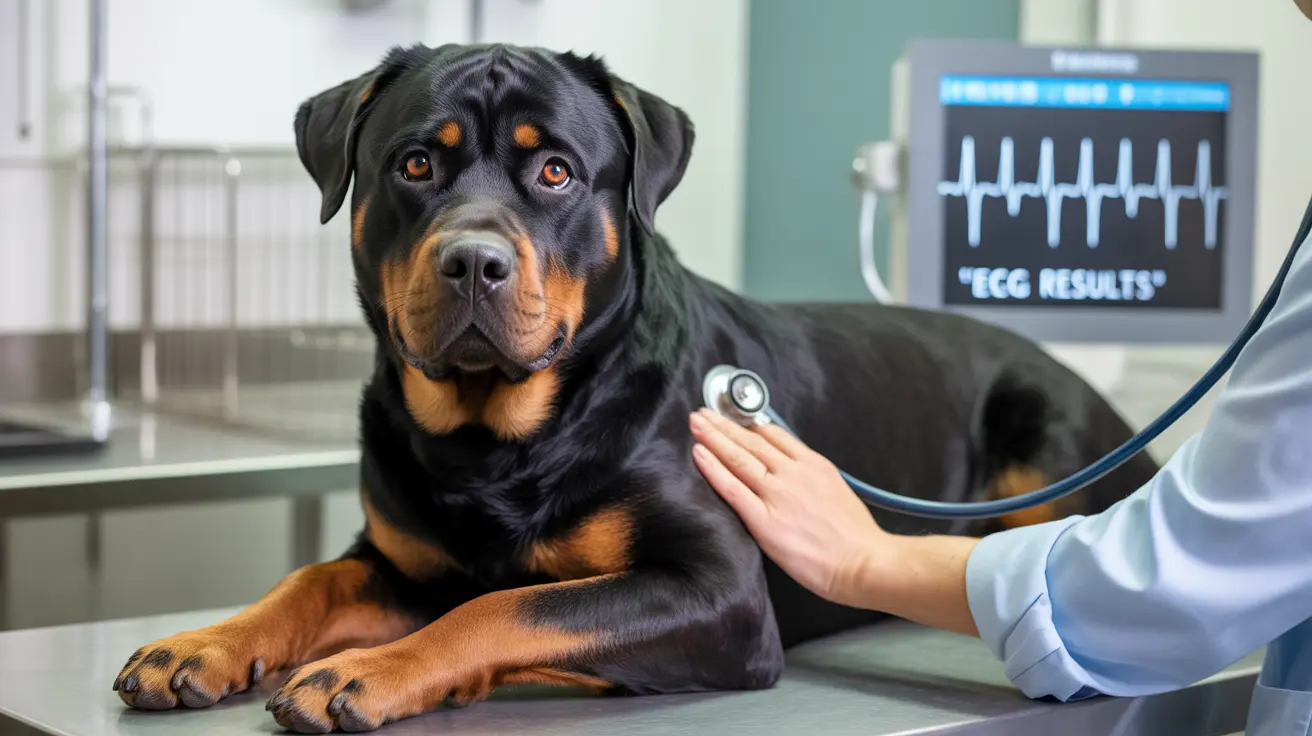A Rottweiler receiving a medical examination with a veterinarian checking its heart rate using a stethoscope
