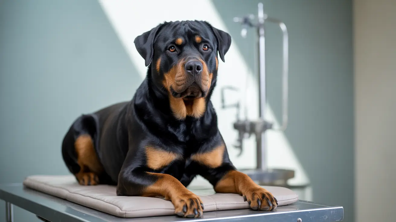 Young Rottweiler lying calmly on a veterinary clinic examination table