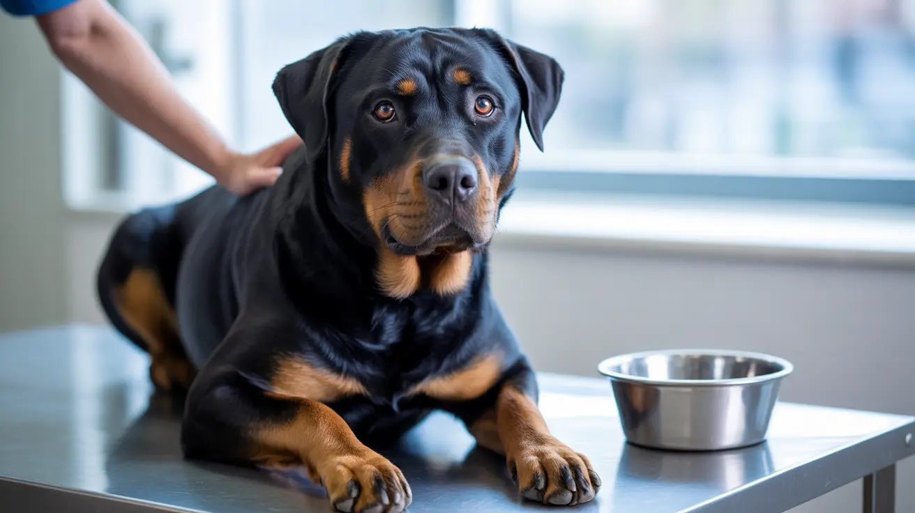 A strong and alert Rottweiler sitting attentively on a metal examination table in a veterinary clinic