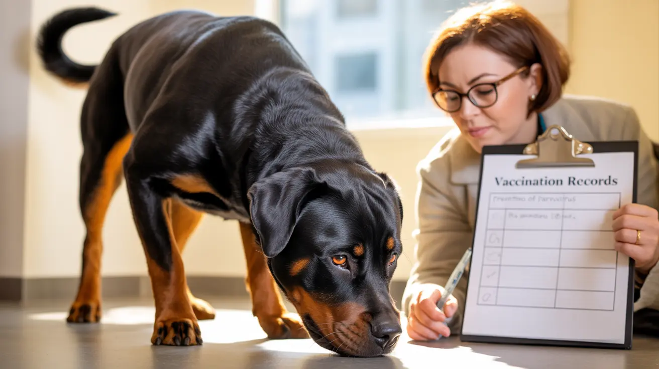 A Rottweiler at a veterinary clinic with a professional reviewing vaccination records