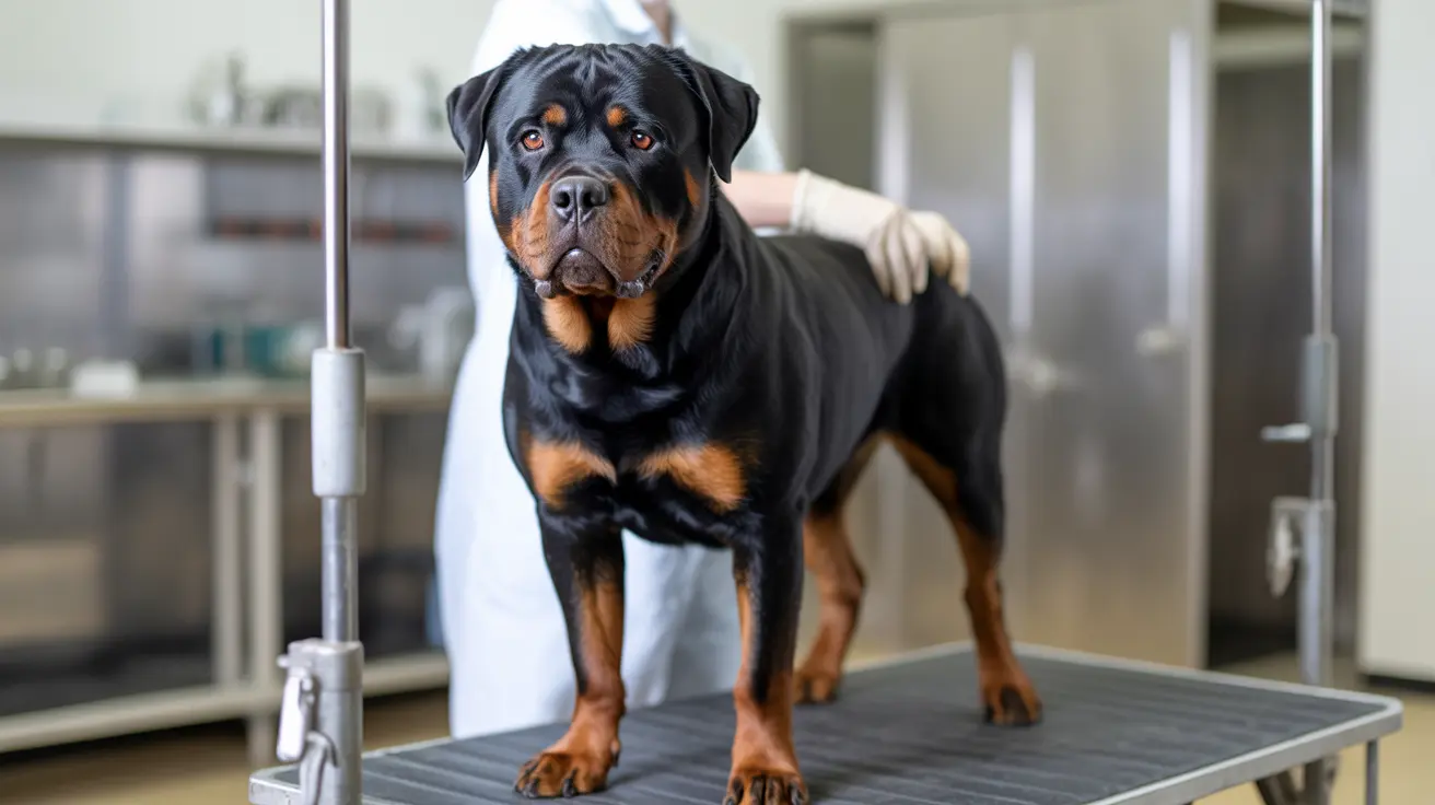 A strong, muscular Rottweiler standing on an examination table in a veterinary clinic