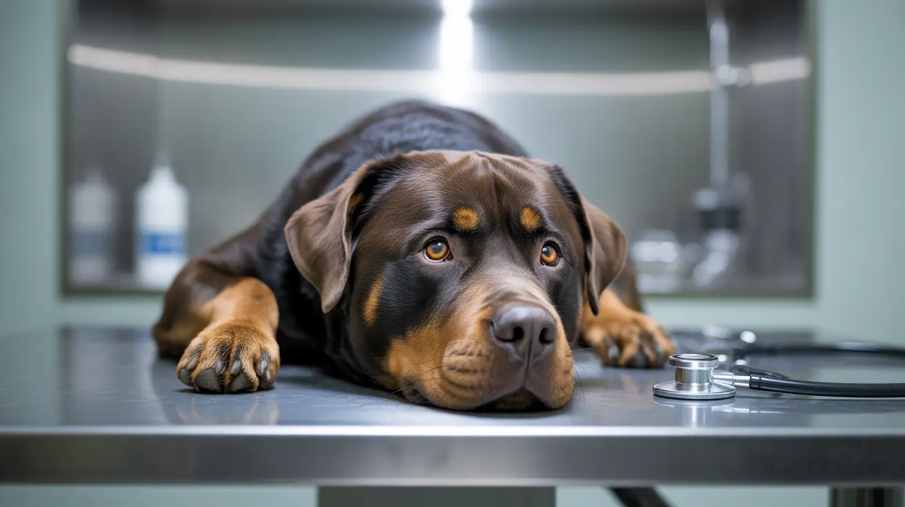 A Rottweiler lying on a veterinary exam table looking apprehensive and tired