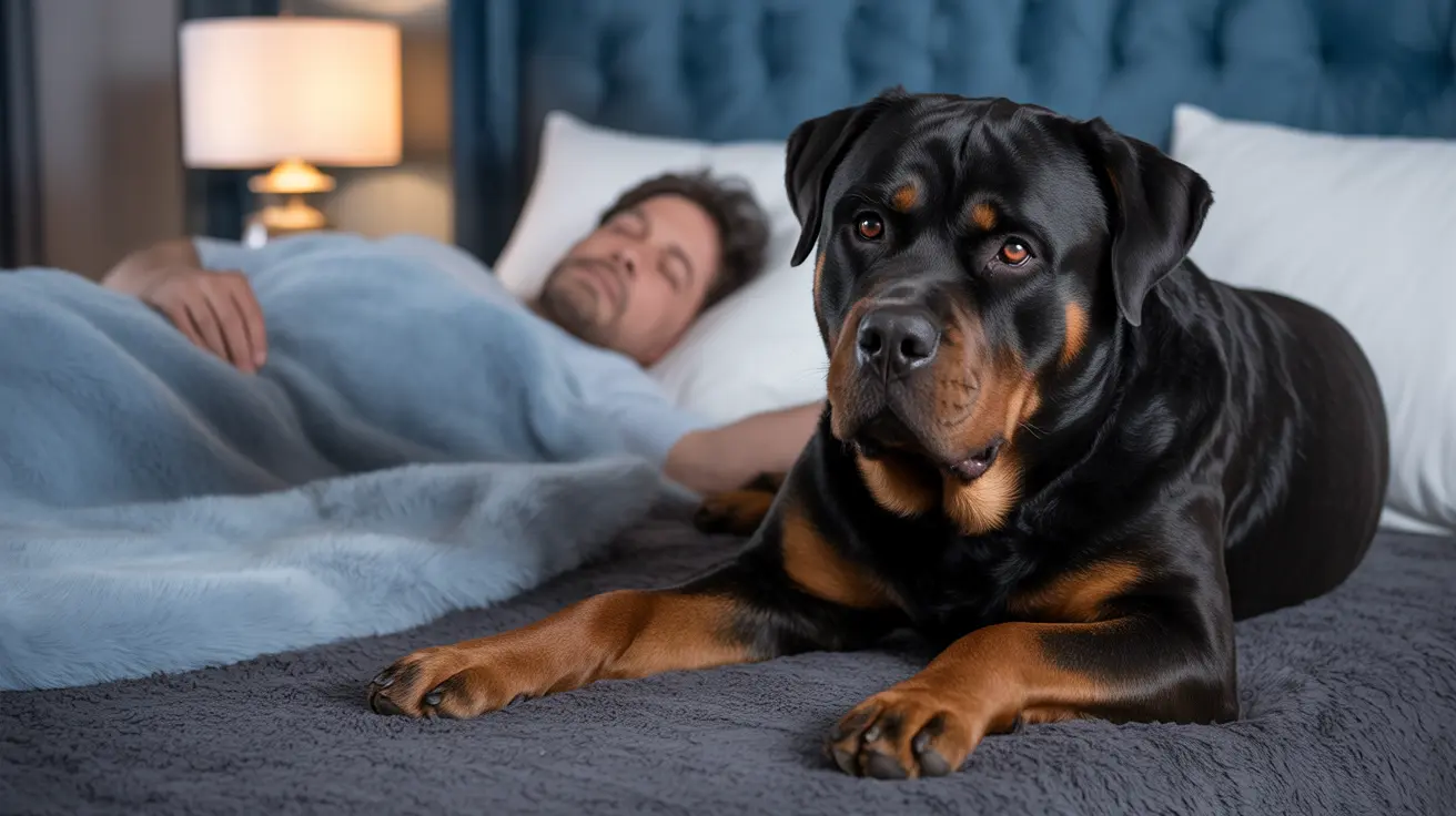 A loyal Rottweiler sitting alertly on a bed while a sleeping person rests in the background