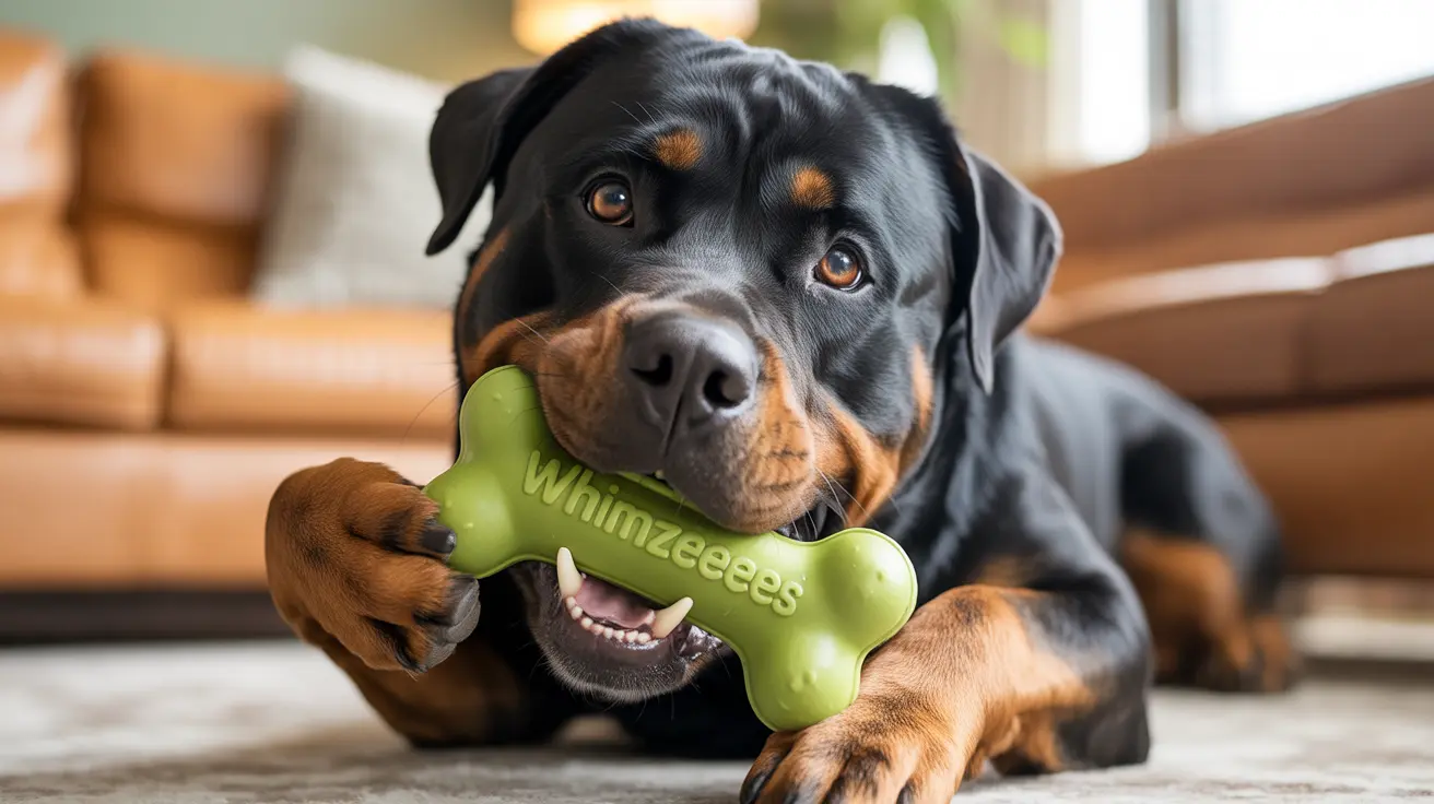 A Rottweiler holding a green bone-shaped Whimzees chew toy in its mouth while lying on a carpeted floor.