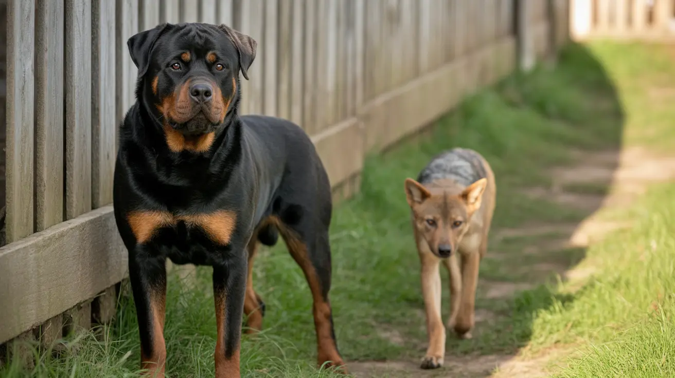 A large Rottweiler standing next to a wolf-like dog walking along a wooden fence in a grassy backyard