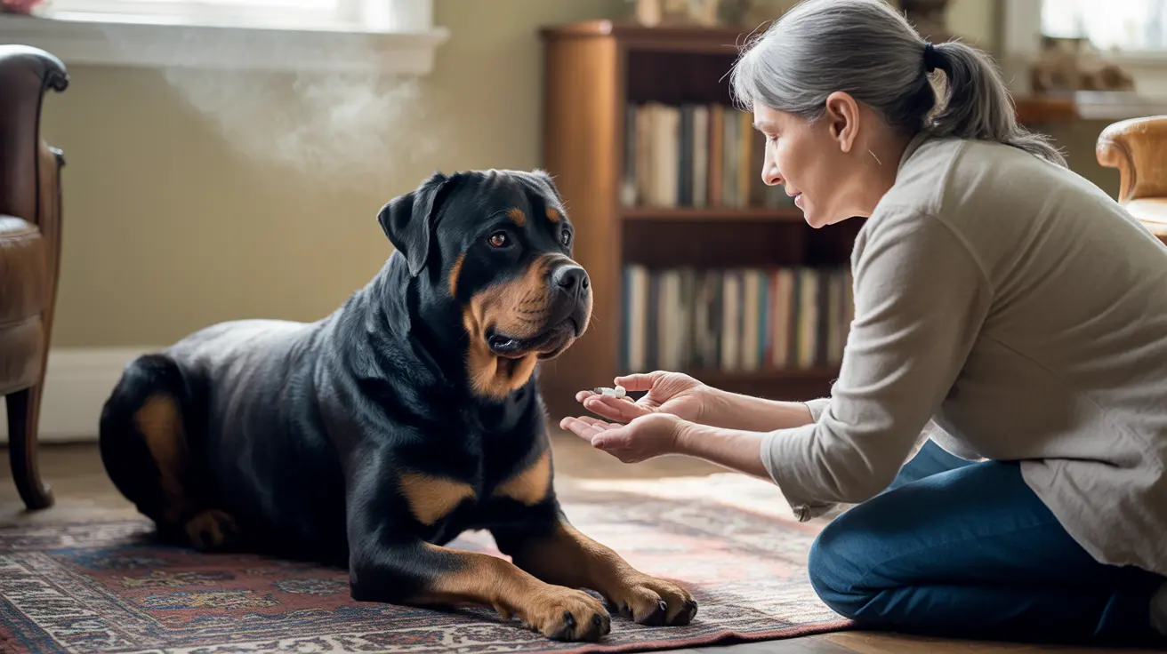 A Rottweiler and an older woman interact in a home library.