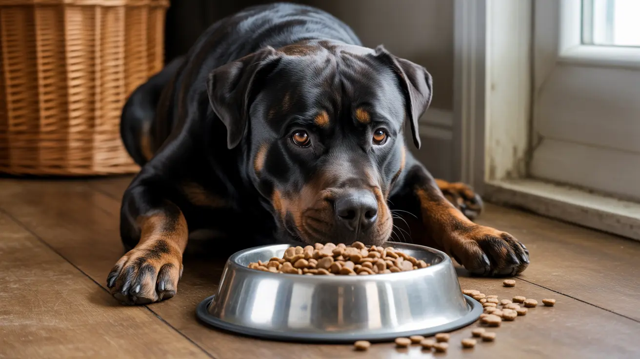 A Rottweiler lying on a wooden floor next to a full food bowl, looking patiently at the camera