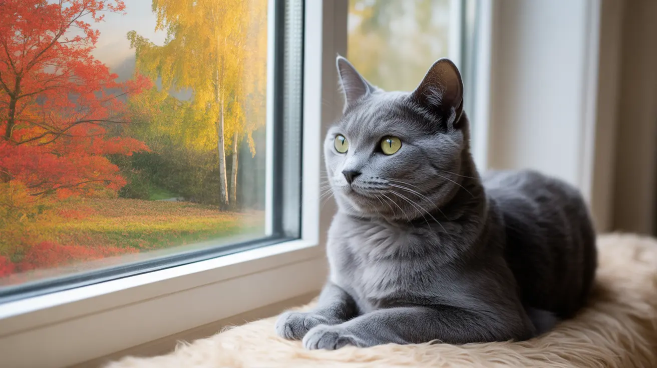 A gray Russian Blue cat sitting on a fur blanket with an autumn view outside.