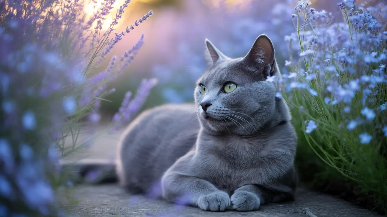Serene Russian Blue cat resting among lavender and blue flowers at sunset