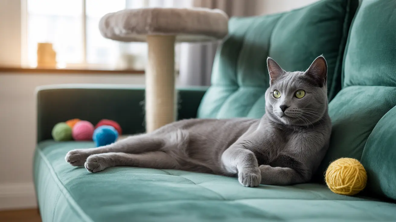 A serene Russian Blue cat lounging comfortably on a teal green couch near its cat toys