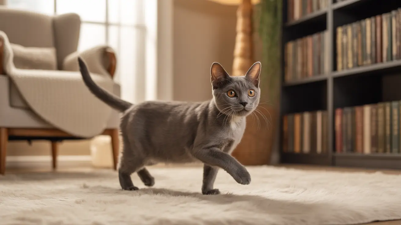 A gray Russian Blue cat walking across a soft carpet in a cozy living room.
