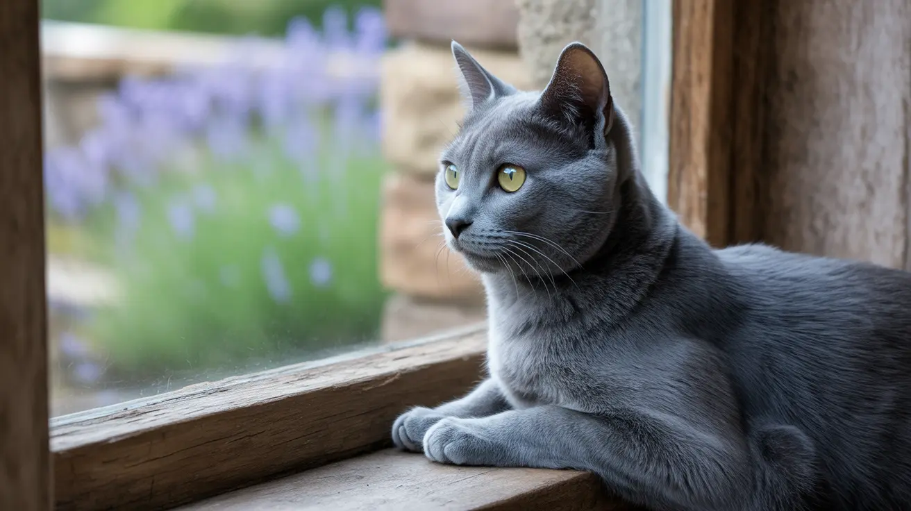 A Russian Blue cat sitting elegantly on a wooden windowsill, gazing thoughtfully outside.