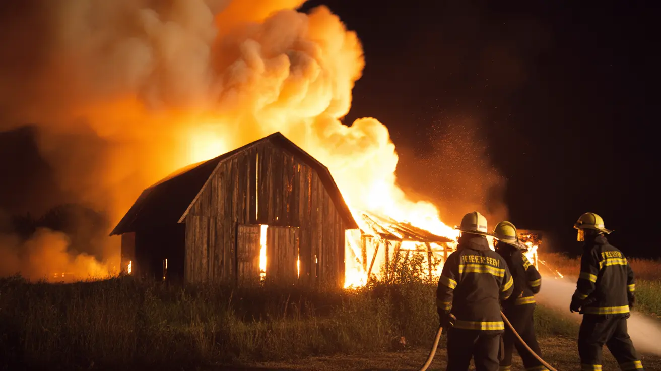 Burned farm barn with charred remains after fire destroying livestock shelter