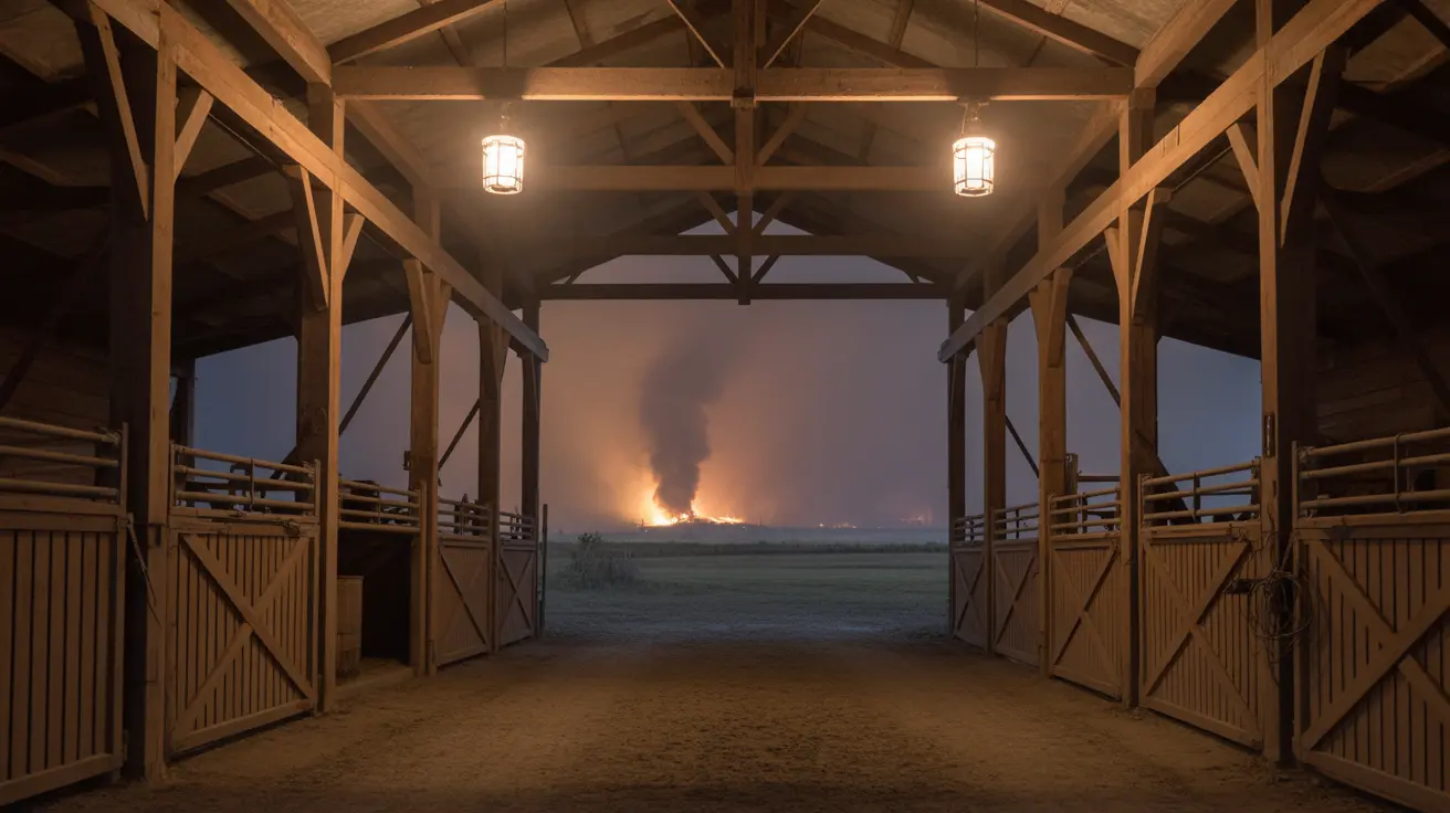 A rustic barn with livestock inside protected against fire hazards during winter