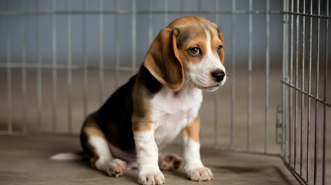 若いビーグルの子犬が金属製のワイヤーケージの中で静かに座っている様子