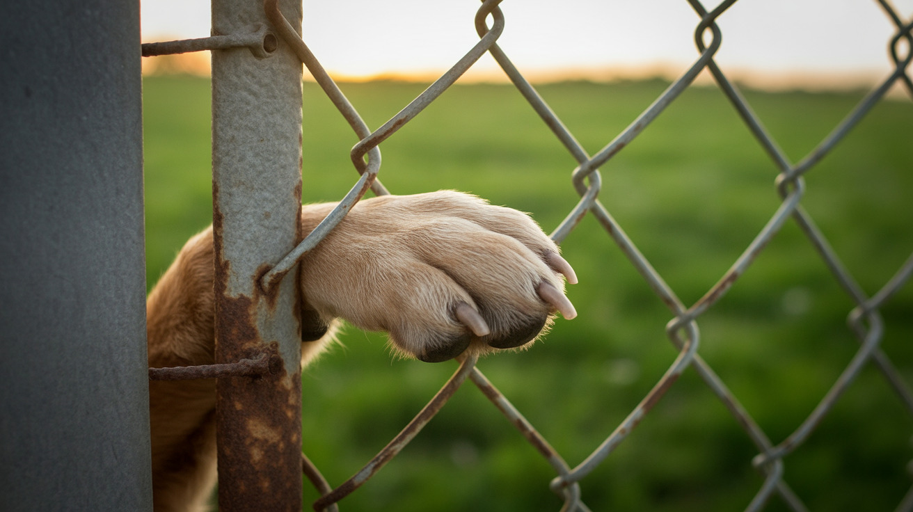 A dog's paw reaching through a chain-link fence toward a green field