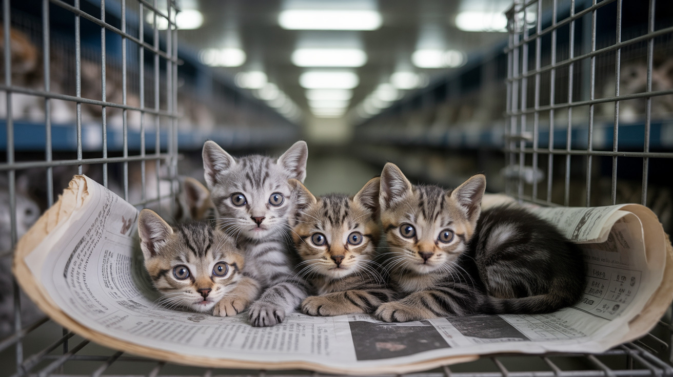 Cuatro gatitos pequeños atigrados sentados juntos sobre un periódico dentro de un refugio de animales.