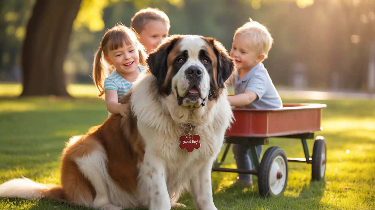 A gentle Saint Bernard dog sitting with two children in a sunny park, wearing a 'Good Boy' tag