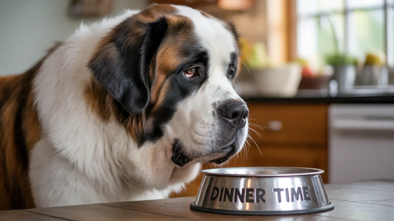 大型のセント・バーナード犬が「DINNER TIME」と書かれたフードボウルの隣でキッチンに座っている様子
