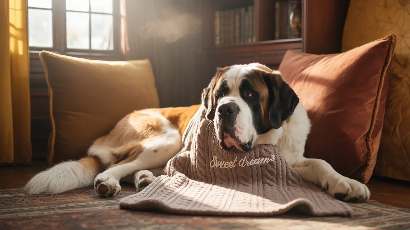 A large Saint Bernard dog resting comfortably on a cozy blanket near a window with soft sunlight