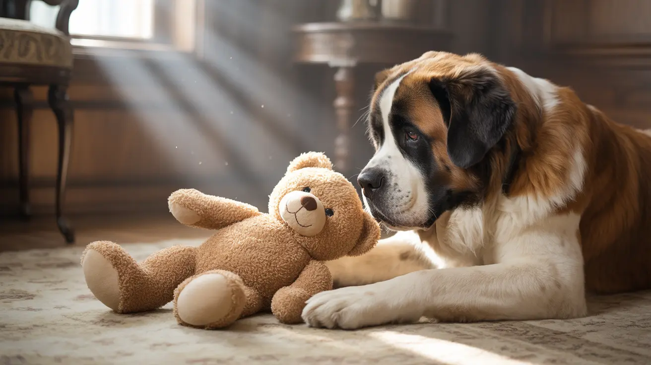Un gran perro San Bernardo descansando suavemente junto a un osito de peluche sobre un suelo alfombrado