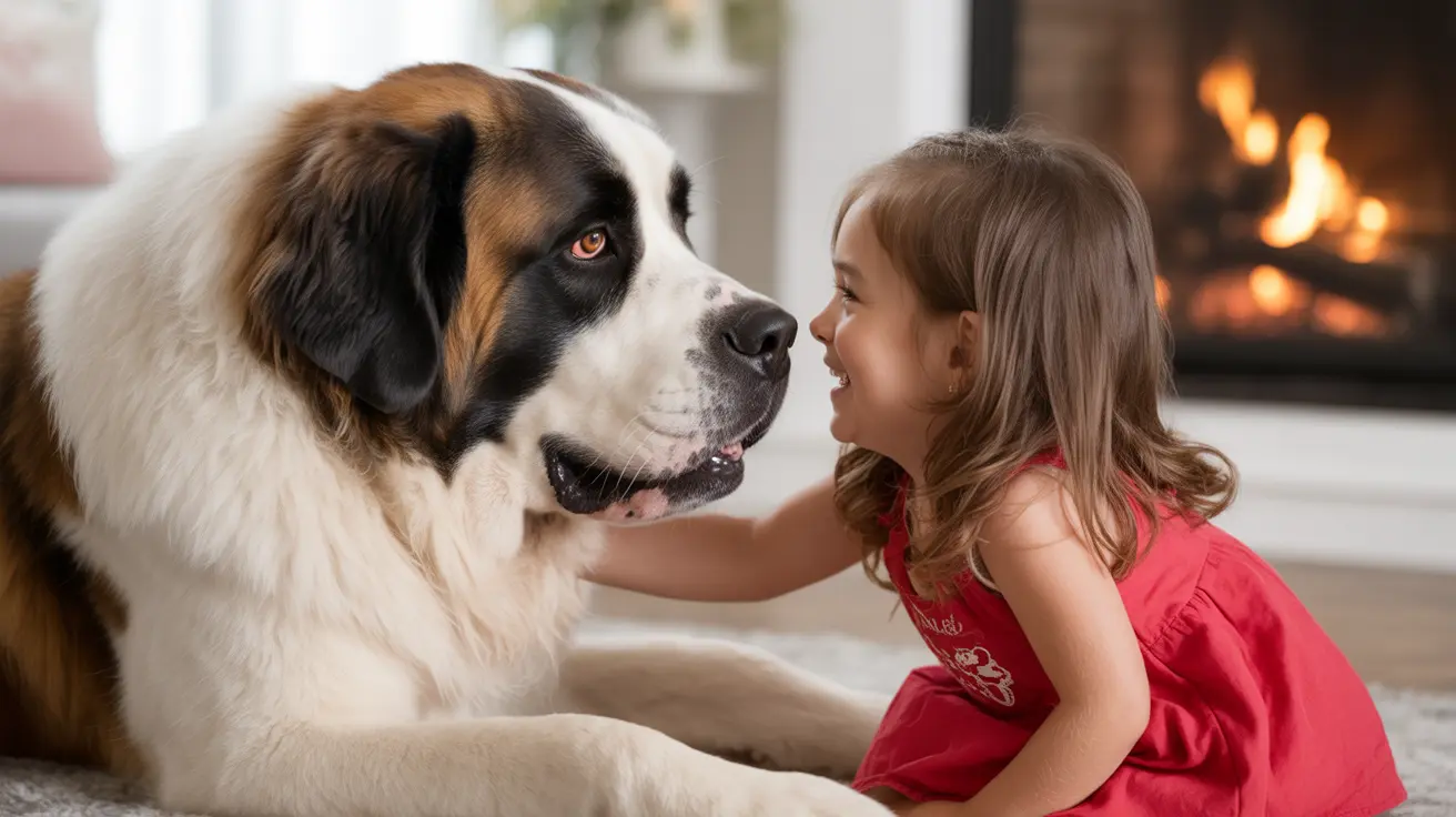A large Saint Bernard dog interacting closely with a young girl in front of a fireplace.