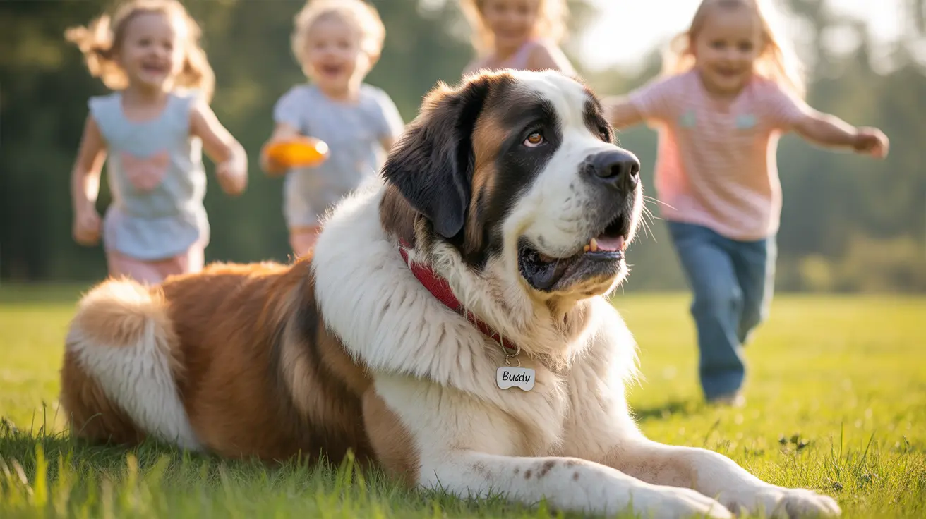 A large Saint Bernard dog relaxing in a grassy field with young children playing in the background