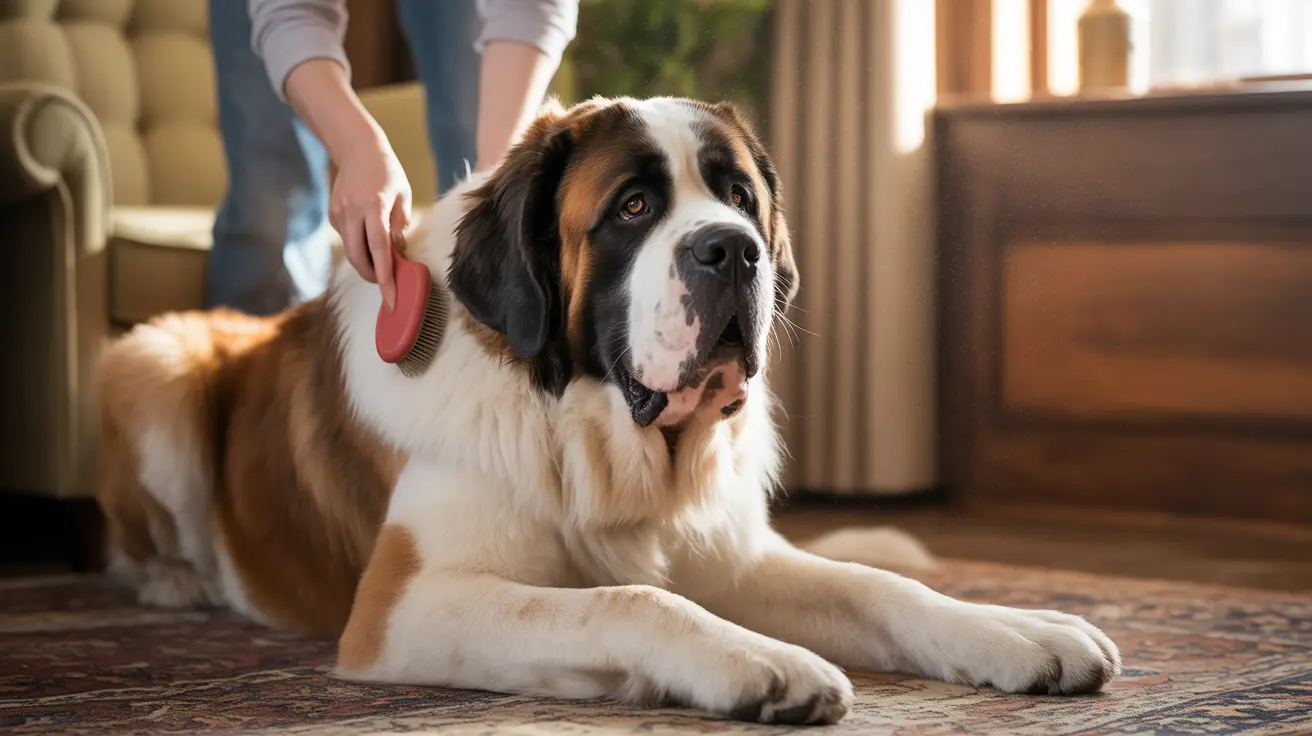 A large Saint Bernard dog being groomed with a brush inside a cozy home