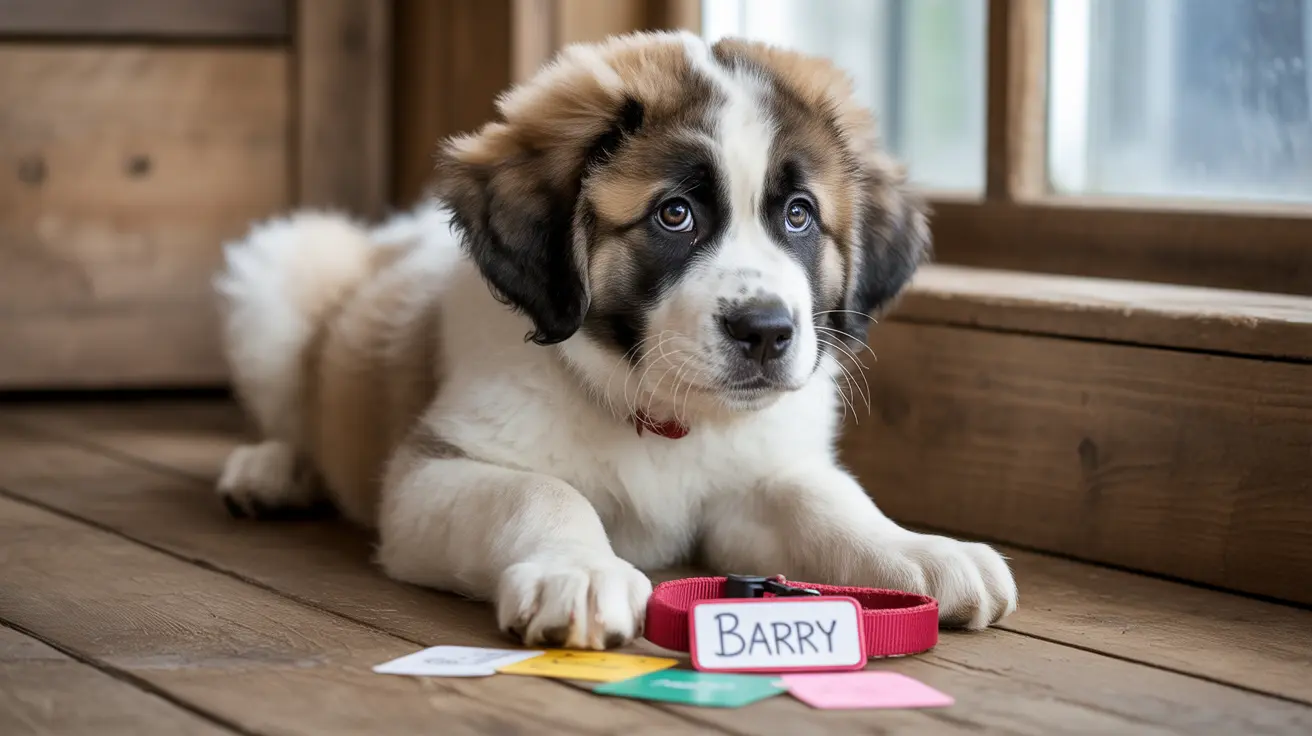 Young Saint Bernard puppy sitting on wooden floor wearing red collar with name tag 'Barry'