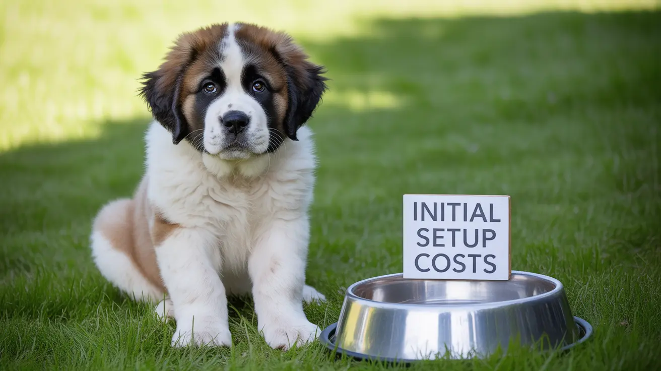 A fluffy Saint Bernard puppy sitting next to a metal food bowl with a sign reading 'INITIAL SETUP COSTS'