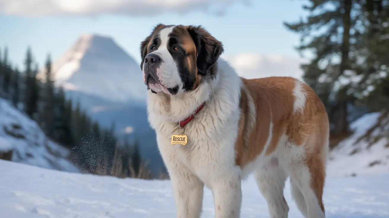 A majestic Saint Bernard standing in a snowy mountain landscape with a rescue tag