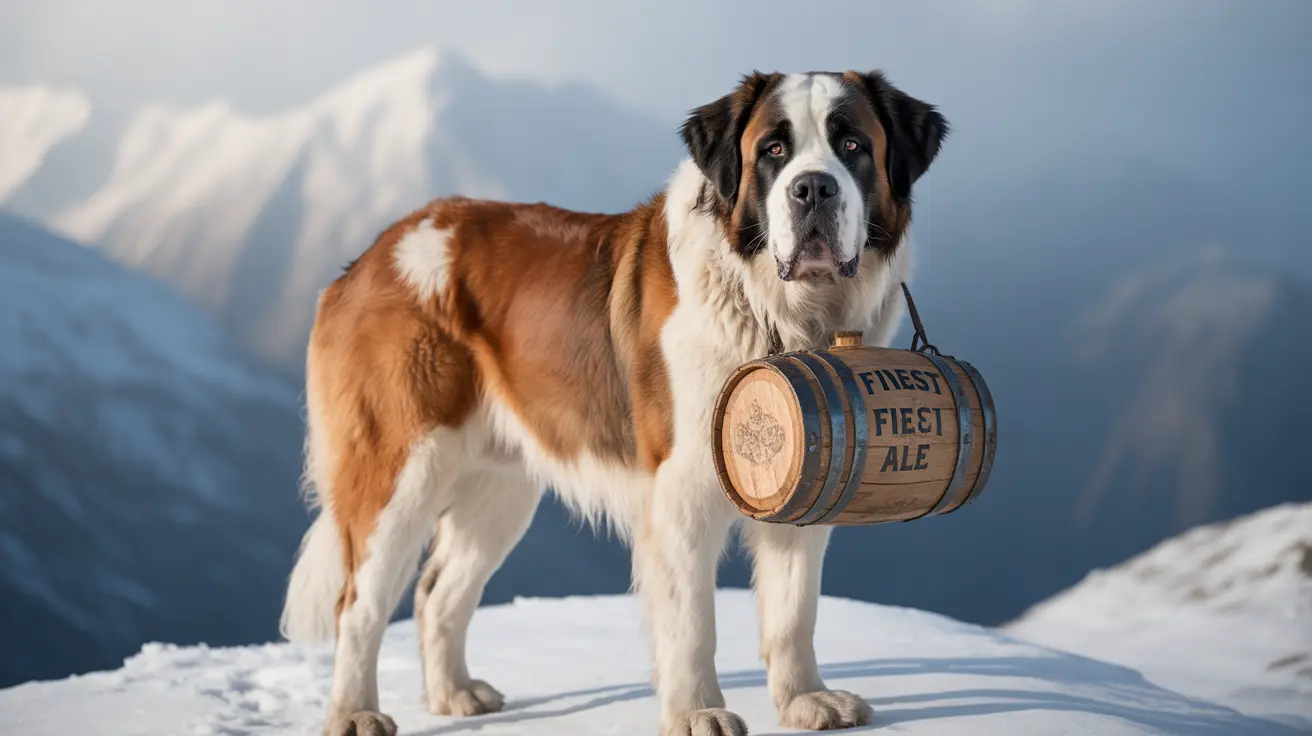 A majestic Saint Bernard standing in a snowy mountain landscape with a wooden barrel marked 'Finest Fiest Ale'